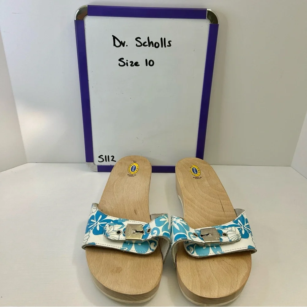 Dr Scholl’s Vintage Blue & White Hawaiian Hibiscus Silver Buckle Sandal Size 10 - Picture 13 of 14